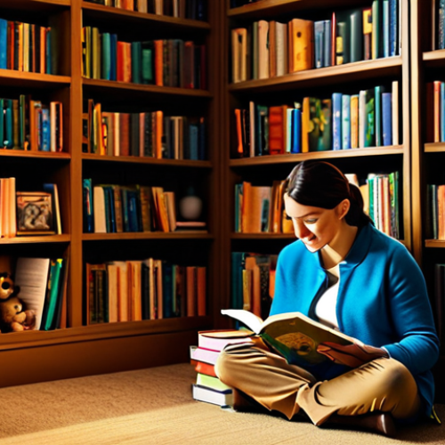 Home 4 **
"A mother reading a storybook to her child in a cozy library corner, surrounded by shelves filled with colorful books, fully clothed, appropriate content, family-friendly, safe for work, perfect anatomy, natural proportions, warm lighting, inviting atmosphere, professional illustration"
**